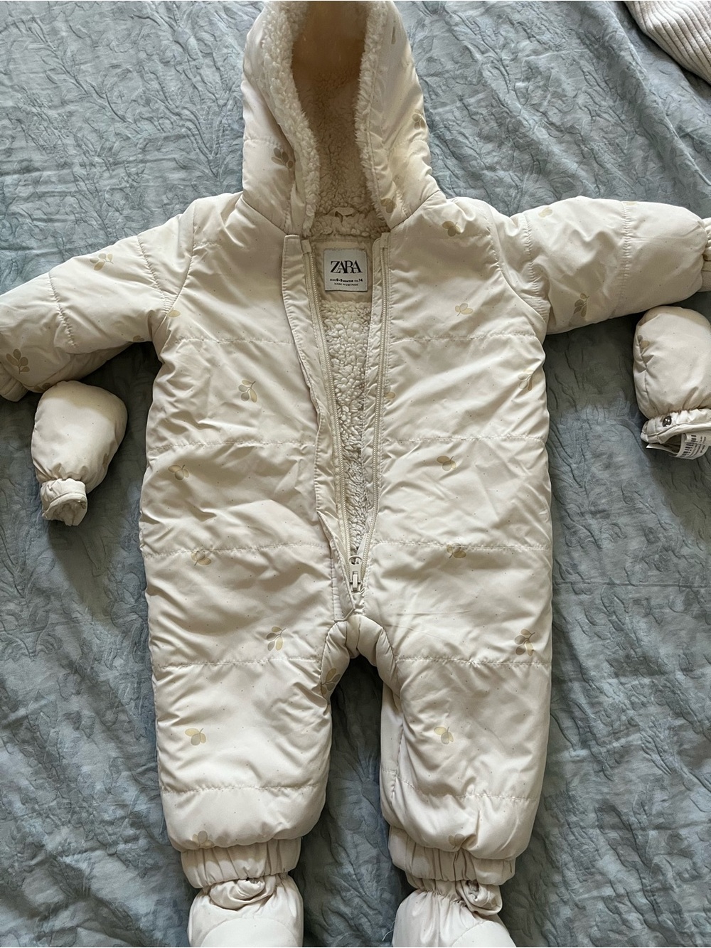 ZARA Cream Hooded Fleece-Lined Baby One-Piece Snowsuit